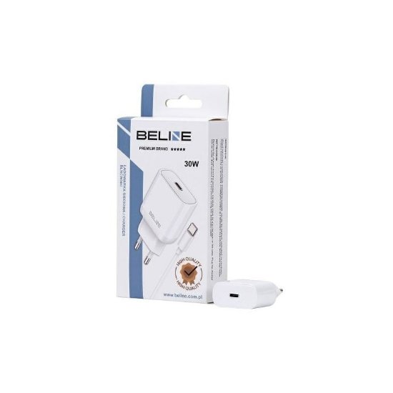 Polnilec BELINE BLNCW30C GaN, 30W, PD3.0, USB-C, USB-C kabel, beli