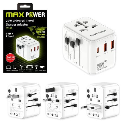 Potni adapter MAXPOWER 635DQ GaN, USB-C PD, 2x USB-A, 20W,beli