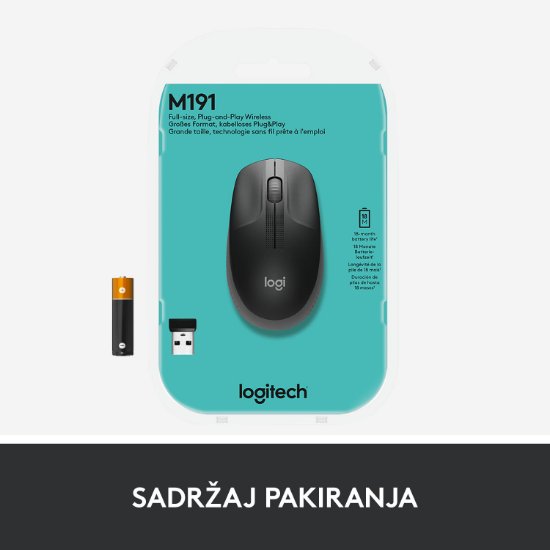 Miška LOGITECH M190, optična, brezžična, 1000dpi, crno-siva