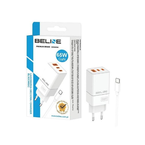 Polnilec BELINE BLN3CW65C GaN, 65W, PD3.0/QC3.0, 2xUSB-C + USB-A, USB-C kabel, beli