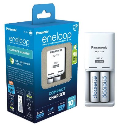 Polnilec za baterije PANASONIC Eneloop Compact KKJ50MCD20E, 2 polnilni mesti + 2x 2000mAh AA baterije