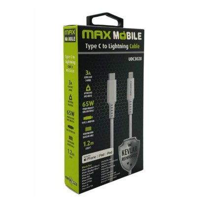 Kabel MAXMOBILE, USB-C (M) na Lightning (M), MFI, kevlar, QC 3A, 1,2m, beli