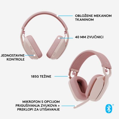 slušalke LOGITECH Zone Vibe 100, brezžične, BT, roze