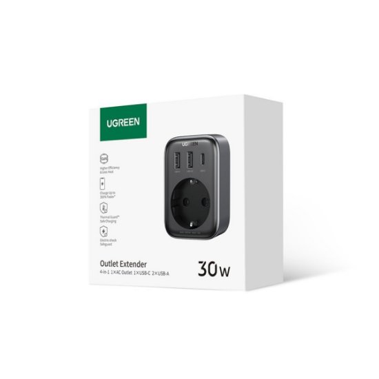 Polnilec UGREEN Nexode 4in1, 30W,z vtičnicom, 2xUSB-A, USB-C, črni