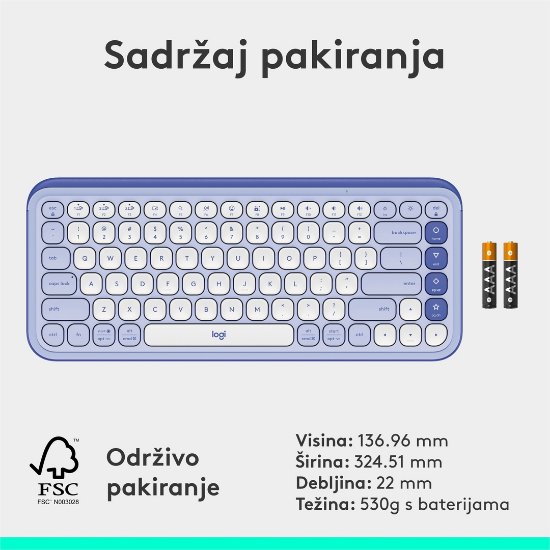 Tipkovnica LOGITECH POP Icon Keys, brezžična, US Layout, BT, ljubičasto-bela