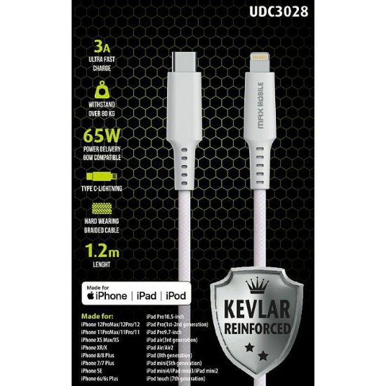 Kabel MAXMOBILE, USB-C (M) na Lightning (M), MFI, kevlar, QC 3A, 1,2m, beli