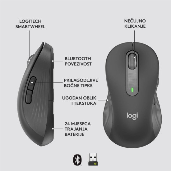 Miška LOGITECH M650 L, za levičarje, brezžična, optična, 4000dpi, USB, BT, črna
