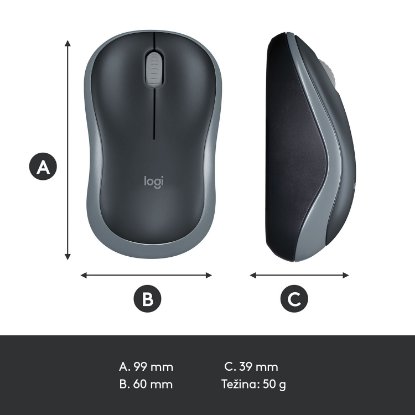 Miška LOGITECH M185, optična, brezžična, 1000dpi, crno-siva