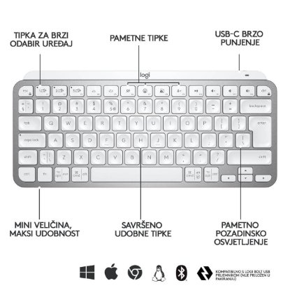 Tipkovnica LOGITECH MX Keys mini, brezžična, BT, srebrna