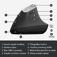 Miška LOGITECH MX Vertical Advanced Ergonomic, optična, brezžična, USB, črna