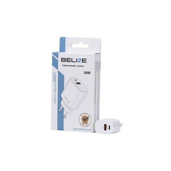 Polnilec BELINE BLN2CW30 GaN, 30W, PD3.0/QC3.0, USB-C + USB-A, beli