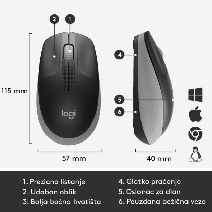 Miška LOGITECH M190, optična, brezžična, 1000dpi, crno-siva