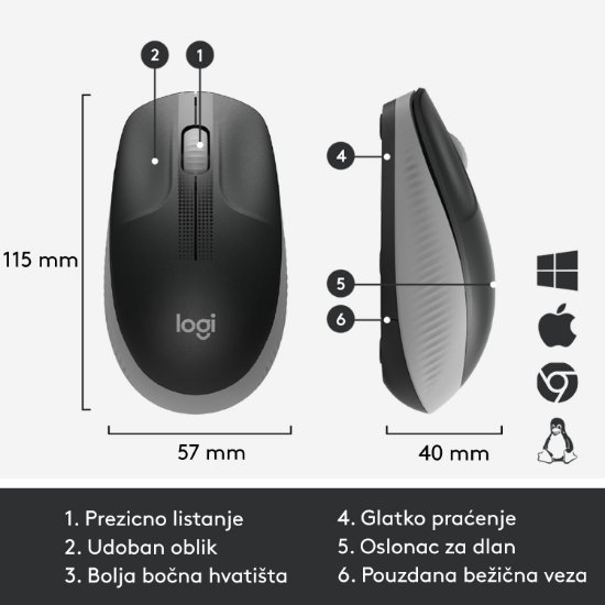 Miška LOGITECH M190, optična, brezžična, 1000dpi, crno-siva