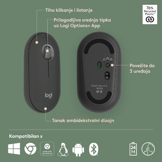 Miška LOGITECH M350s Pebble 2, optična, BT, črna