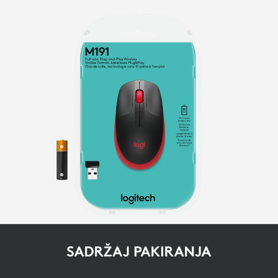 Miška LOGITECH M190, optična, brezžična, 1000dpi, crno-rdeči