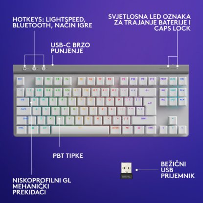Tipkovnica LOGITECH Gaming G515 Lightspeed TKL, Tactile switch, RGB, mehanička, brezžična, US Layout, USB, bela