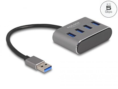 USB HUB DELOCK, 4 USB-A 3.0, 1 USB-A za polnjenje, sivi