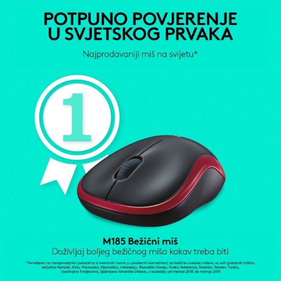 Miška LOGITECH M185, optična, brezžična, 1000dpi, crno-rdeči