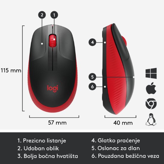 Miška LOGITECH M190, optična, brezžična, 1000dpi, crno-rdeči
