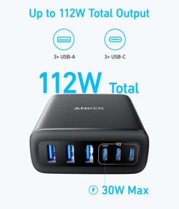 Namizni polnilec ANKER GaN A2154G11, 3x USB-C, 3x USB-A, 112W, organizator za kable, črne barve