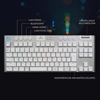 Tipkovnica LOGITECH Gaming G915 TKL Tenkeyless Lightspeed,Tactile switch, RGB, mehanička, brezžična, UK Layout, USB, bela