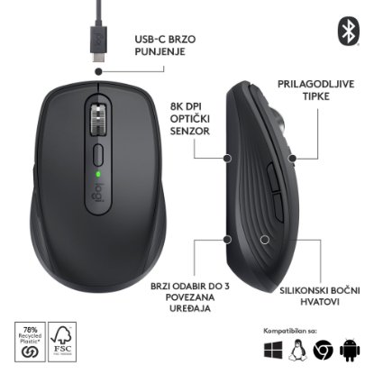 Miška LOGITECH MX Anywhere 3S, laserska, brezžična, BT, graphite