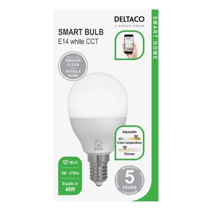 Pametna LED žarnica DELTACO SH-LE14G45W, E14, G45, zatemnitev, bela svetloba, WiFi, 5W