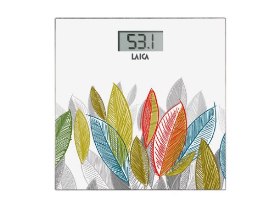 Osebna tehtnica LAICA PS1076 W, digitalna, 180 kg, steklo, bela s pisanimi listi