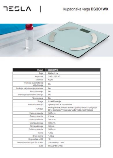 Pametna tehtnica TESLA BS301WX, 180 kg, aplikacija OKOK, steklo, bela