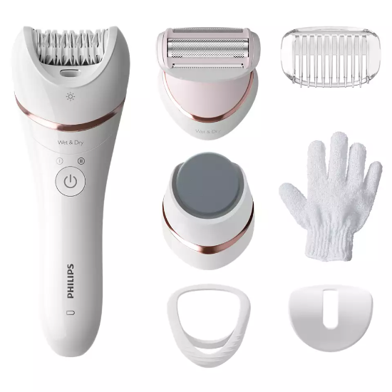 Epilator PHILIPS BRE730/10, za mokro in suho uporabo, 7 nastavkov, bel