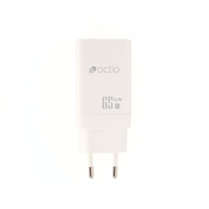 Polnilec OCTIO Volta AC65W Dual GaN, USB-A + USB-C, PD 65W, beli