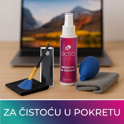 Čistilno sredstvo OCTIO S20, za čiščenje zaslonov, 100 ml, puhač zraka, rokavica, krpica, čopič.