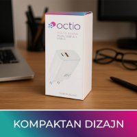 Polnilec OCTIO Volta AC65W Dual GaN, USB-A + USB-C, PD 65W, beli