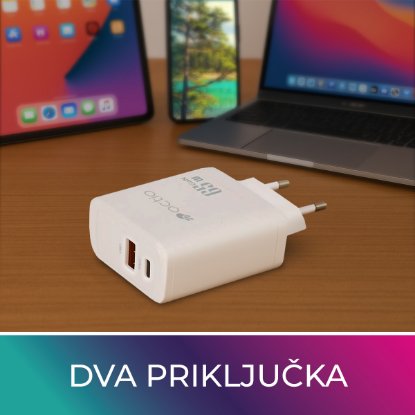 Polnilec OCTIO Volta AC65W Dual GaN, USB-A + USB-C, PD 65W, beli