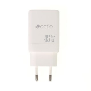 Polnilec OCTIO Volta AC45W Dual GaN, USB-A + USB-C, PD 45W, beli