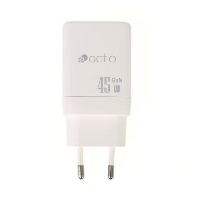 Polnilec OCTIO Volta AC45W Dual GaN, USB-A + USB-C, PD 45W, beli