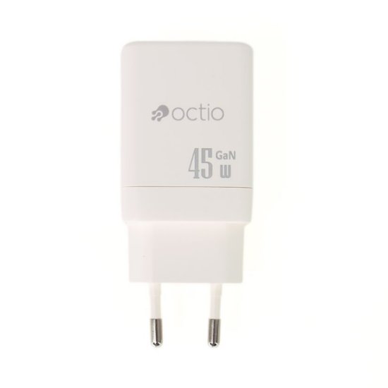 Polnilec OCTIO Volta AC45W Dual GaN, USB-A + USB-C, PD 45W, beli