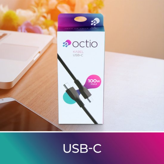 Kabel OCTIO USB-C (M) na USB-C (M), 100W, črni, 2m