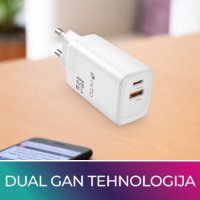 Polnilec OCTIO Volta AC45W Dual GaN, USB-A + USB-C, PD 45W, beli