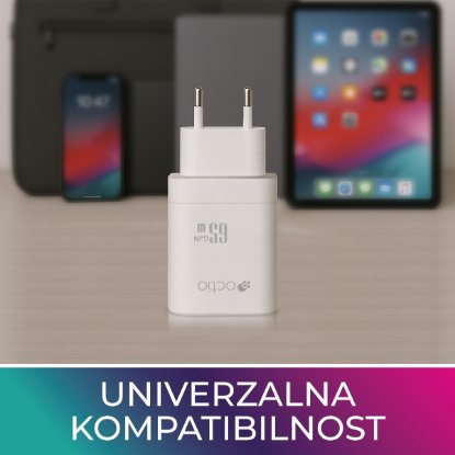 Polnilec OCTIO Volta AC65W Dual GaN, USB-A + USB-C, PD 65W, beli