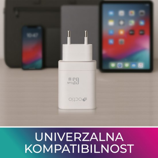 Polnilec OCTIO Volta AC65W Dual GaN, USB-A + USB-C, PD 65W, beli
