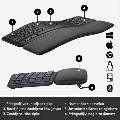 LOGITECH Ergo K860 tipkovnica, ergonomska, brezžična, črna.