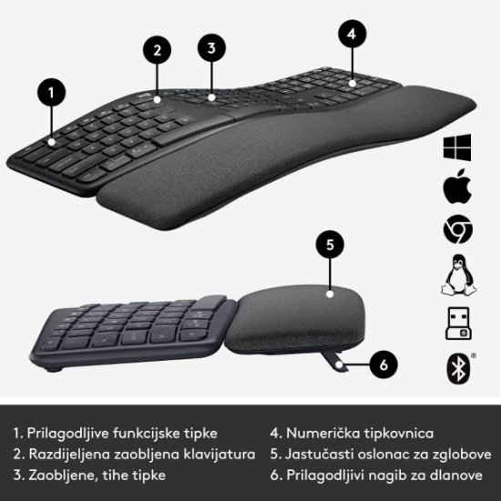 LOGITECH Ergo K860 tipkovnica, ergonomska, brezžična, črna.