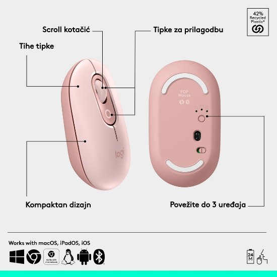 Miška LOGITECH POP, optična, brezžična, USB, BT, 1000dpi, roza
