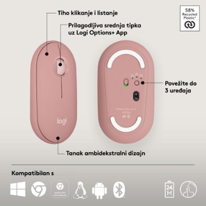 Miška LOGITECH M350s Pebble 2, optična, BT, roza
