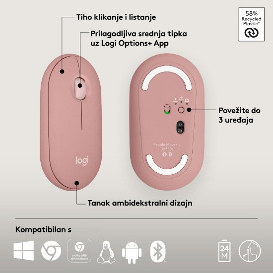 Miška LOGITECH M350s Pebble 2, optična, BT, roza