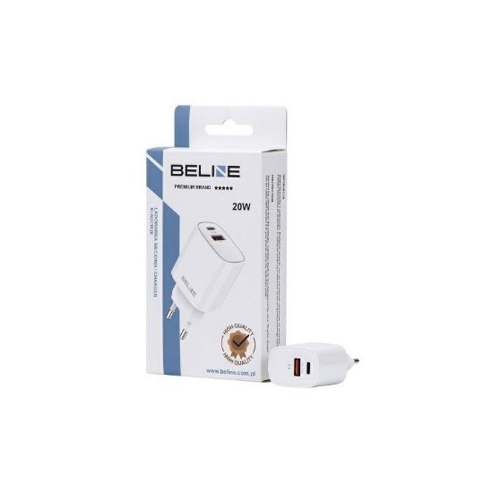 Polnilec  BELINE BLN2CW20, 20W, PD3.0/QC3.0, USB-C + USB-A, beli