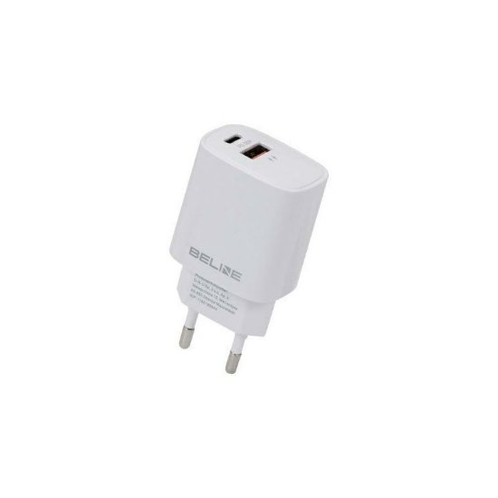 Polnilec  BELINE BLN2CW20, 20W, PD3.0/QC3.0, USB-C + USB-A, beli