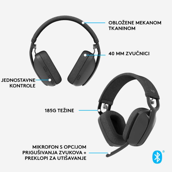 slušalke LOGITECH Zone Vibe 100, brezžične, BT, črne