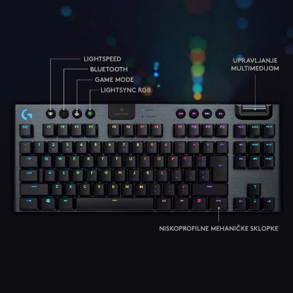 Tipkovnica LOGITECH Gaming G915 TKL Tenkeyless Lightspeed Linear, RGB, mehanička, brezžična, UK Layout, USB, črna